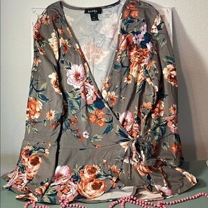 by & by Taupe Floral Wrap Top with Pink & Orange Roses